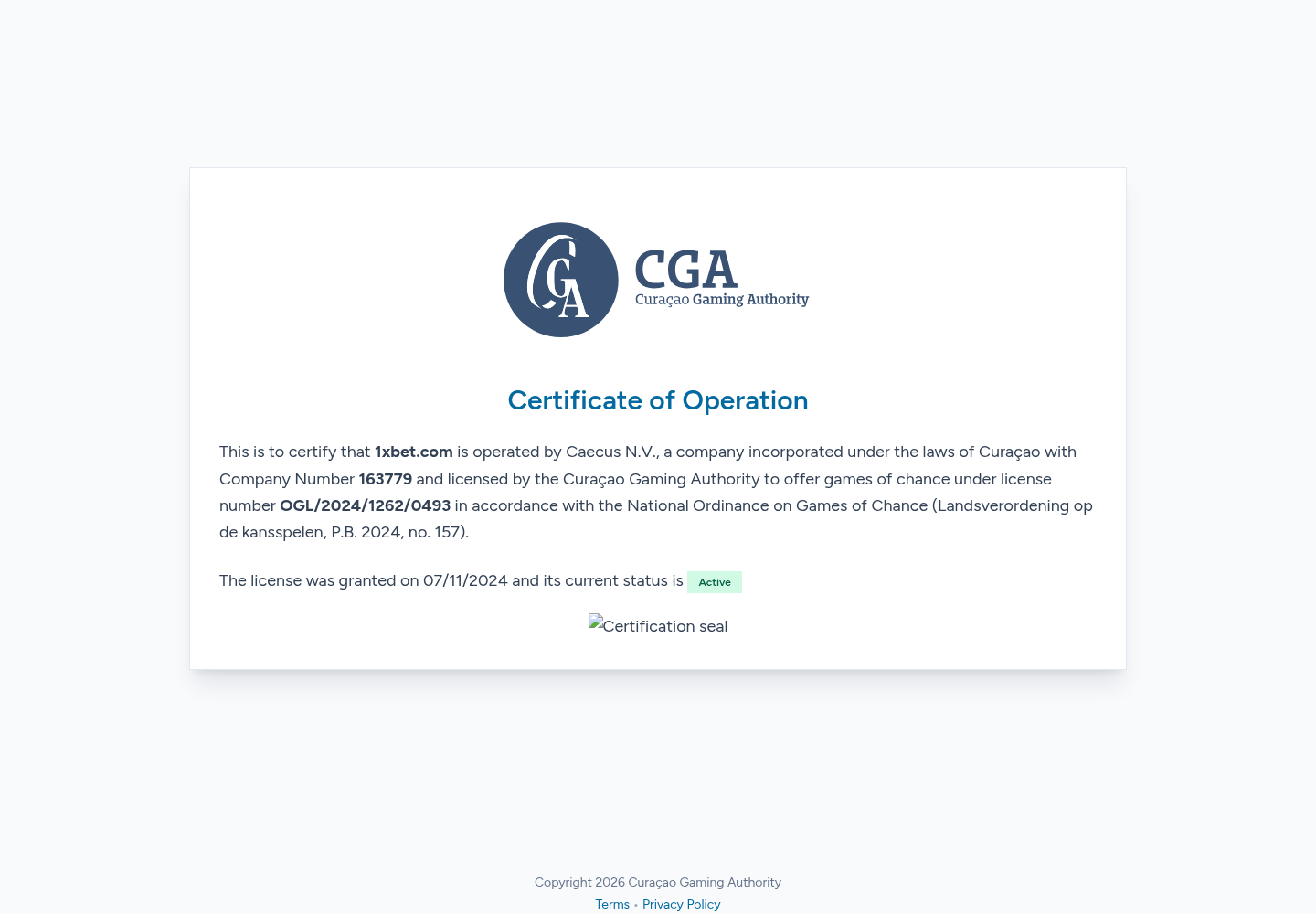لقطة شهادة CGA لـ 1xBet في 14 أغسطس 2026
