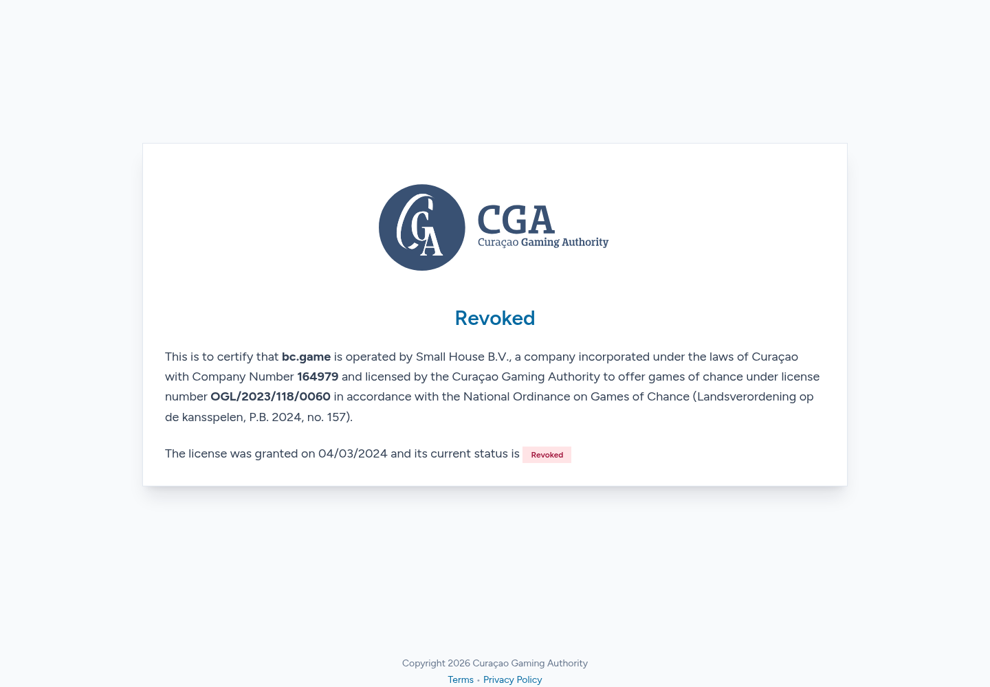 لقطة شهادة CGA لـ BC.Game في 14 أغسطس 2026