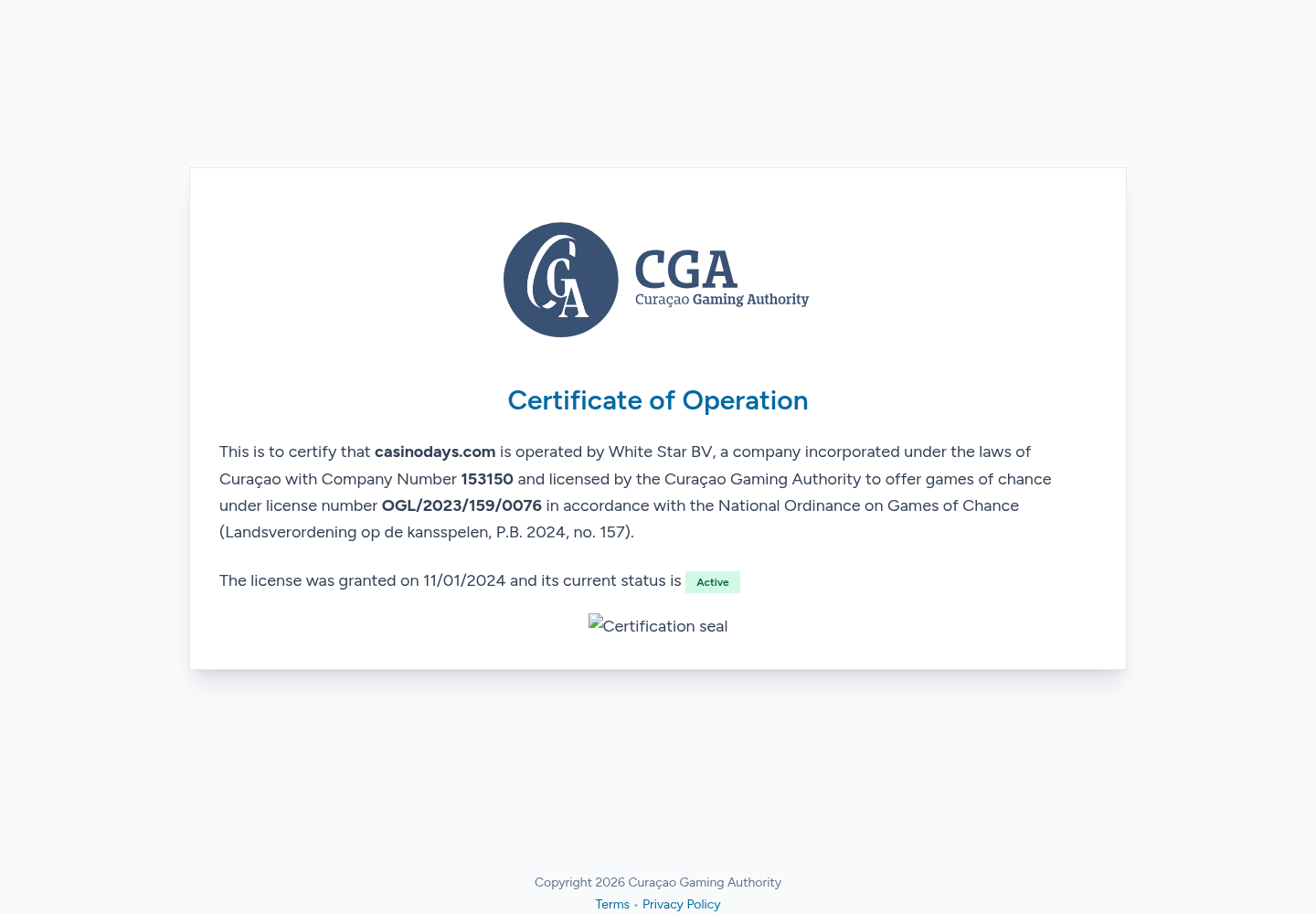 لقطة شهادة CGA لـ Casino Days في 14 أغسطس 2026